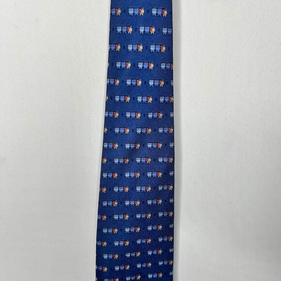 Beaufort Tie Rack Men’s Neck Tie Silk Blue w/ Colorful Trains Long Necktie Italy - Picture 2 of 12